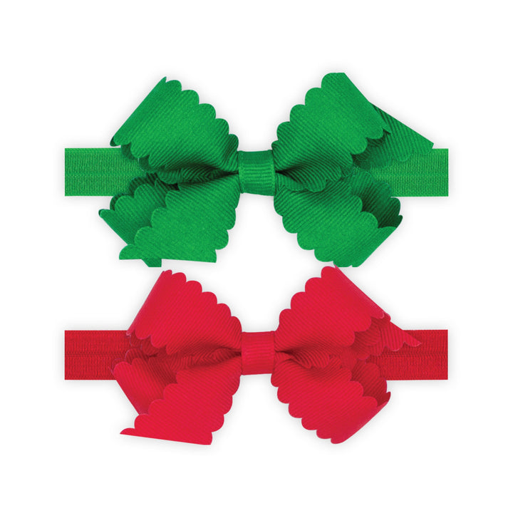 Scallop Bows With Bands - Two Mini Girl Headband WeeOnes Red and Green 