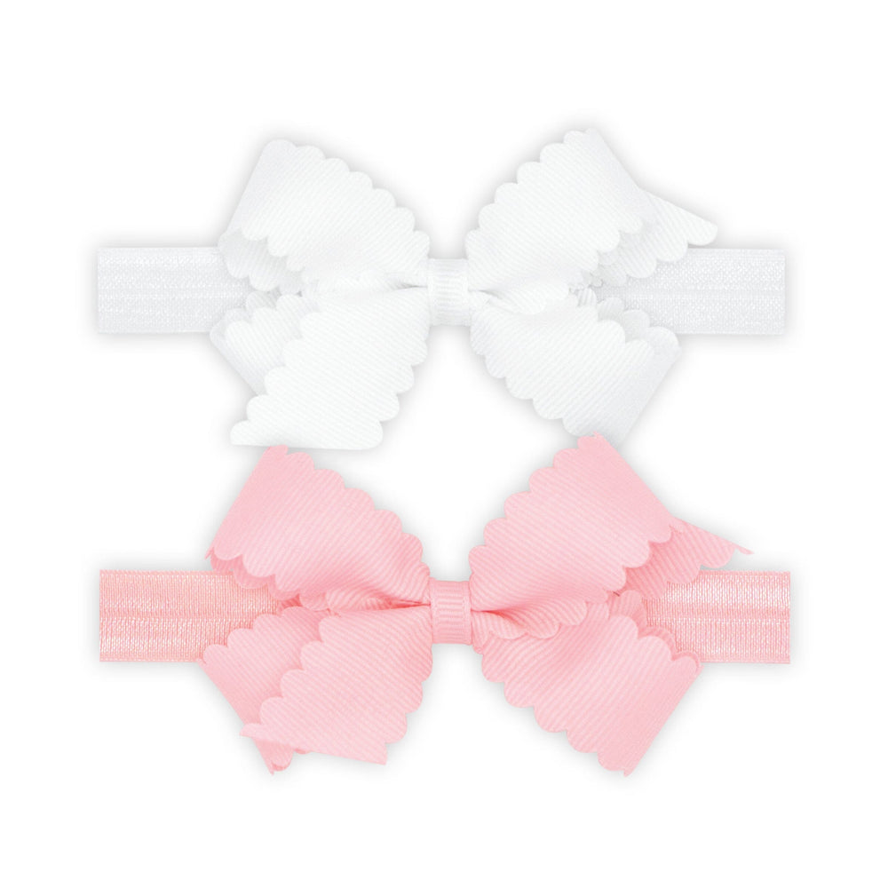 Scallop Bows With Bands - Two Mini Girl Headband WeeOnes White and Pink 