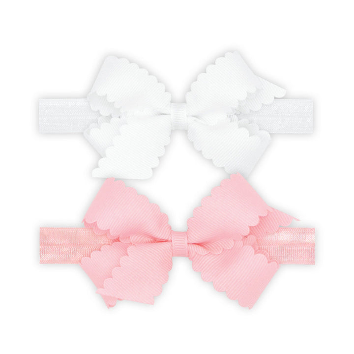Scallop Bows With Bands - Two Mini Girl Headband WeeOnes White and Pink 