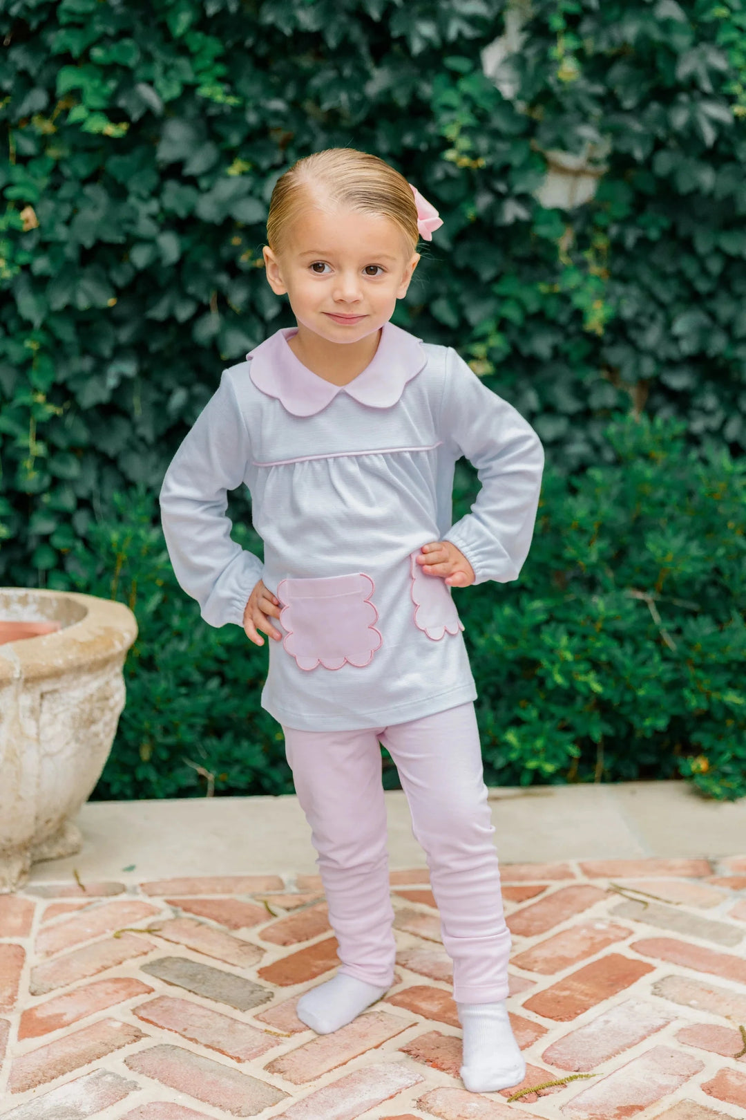 Scallop Pocket Tunic Set - Light Blue Stripe Girl Set Proper Peony 