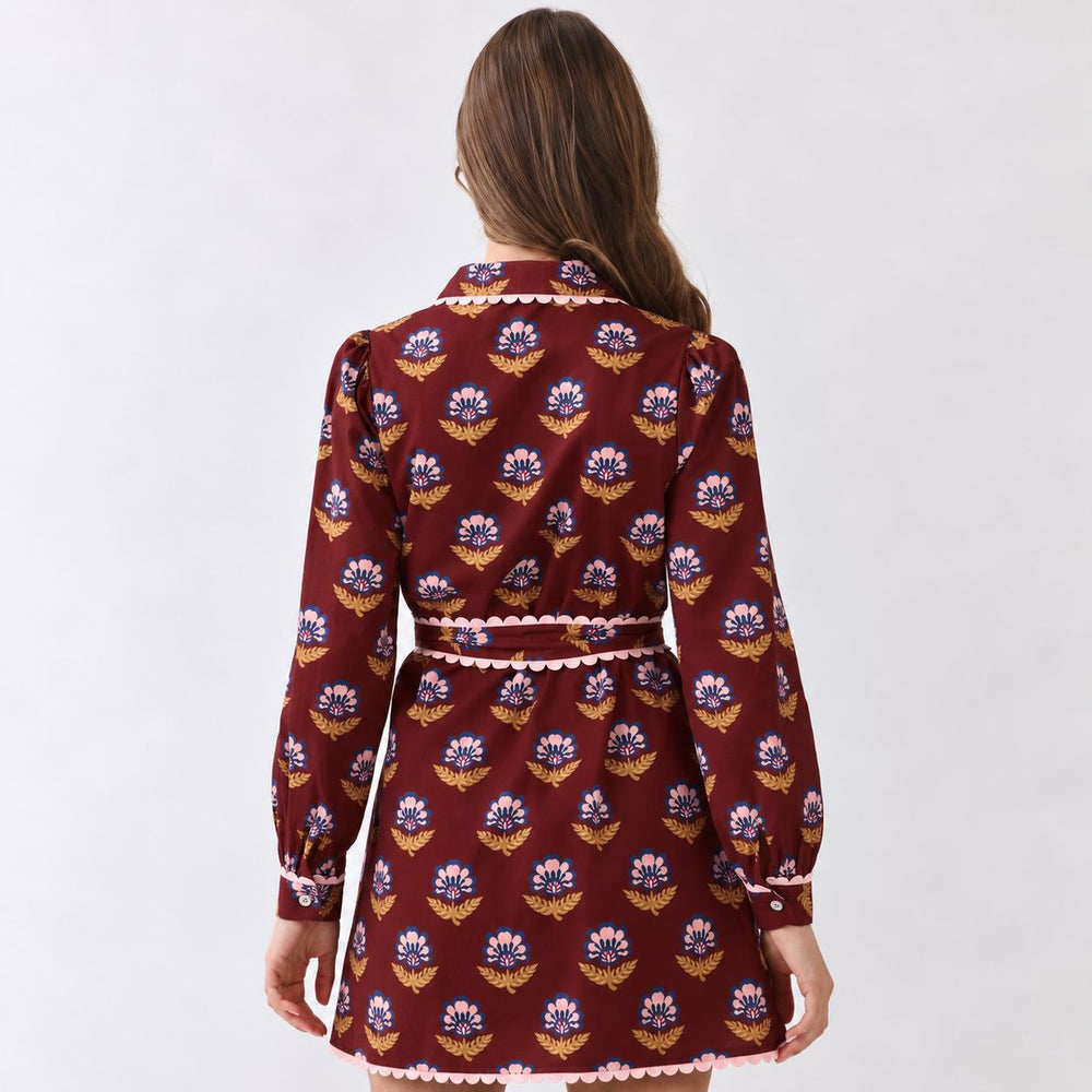 Scallop Trim Detail Mini Dress - Burgundy Womens Dress TCEC 