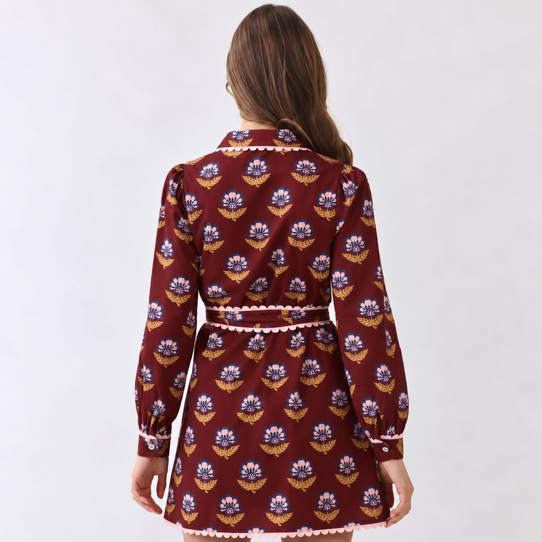 Scallop Trim Detail Mini Dress - Burgundy Womens Dress TCEC 