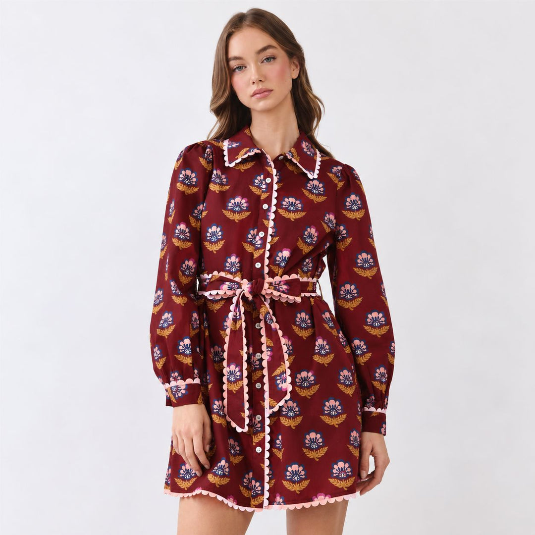 Scallop Trim Detail Mini Dress - Burgundy Womens Dress TCEC 