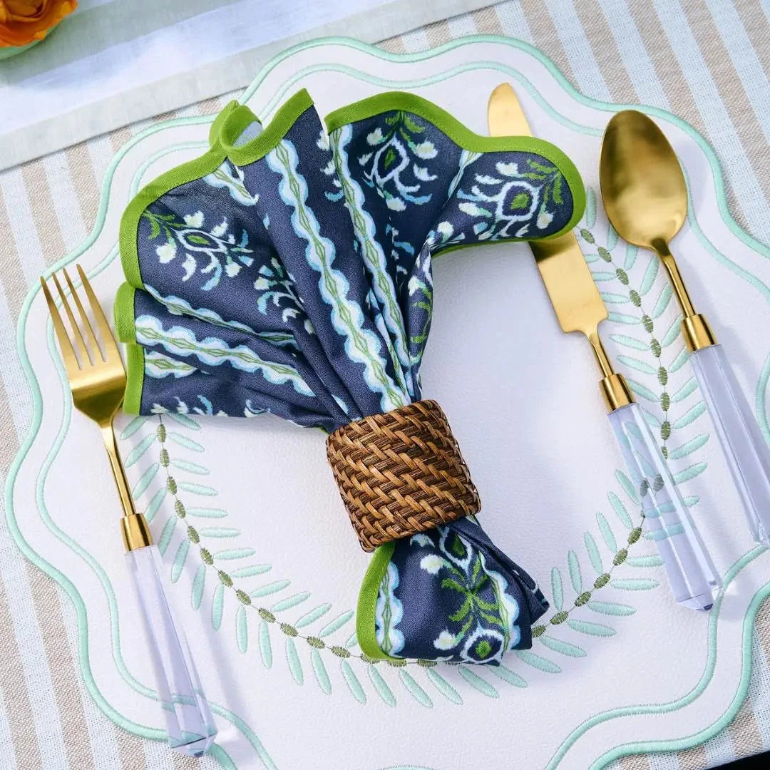 Scalloped Dinner Napkins - Set of 4 - Rosemary Stripe Indigo Dinner Napkins Laura Park Design 