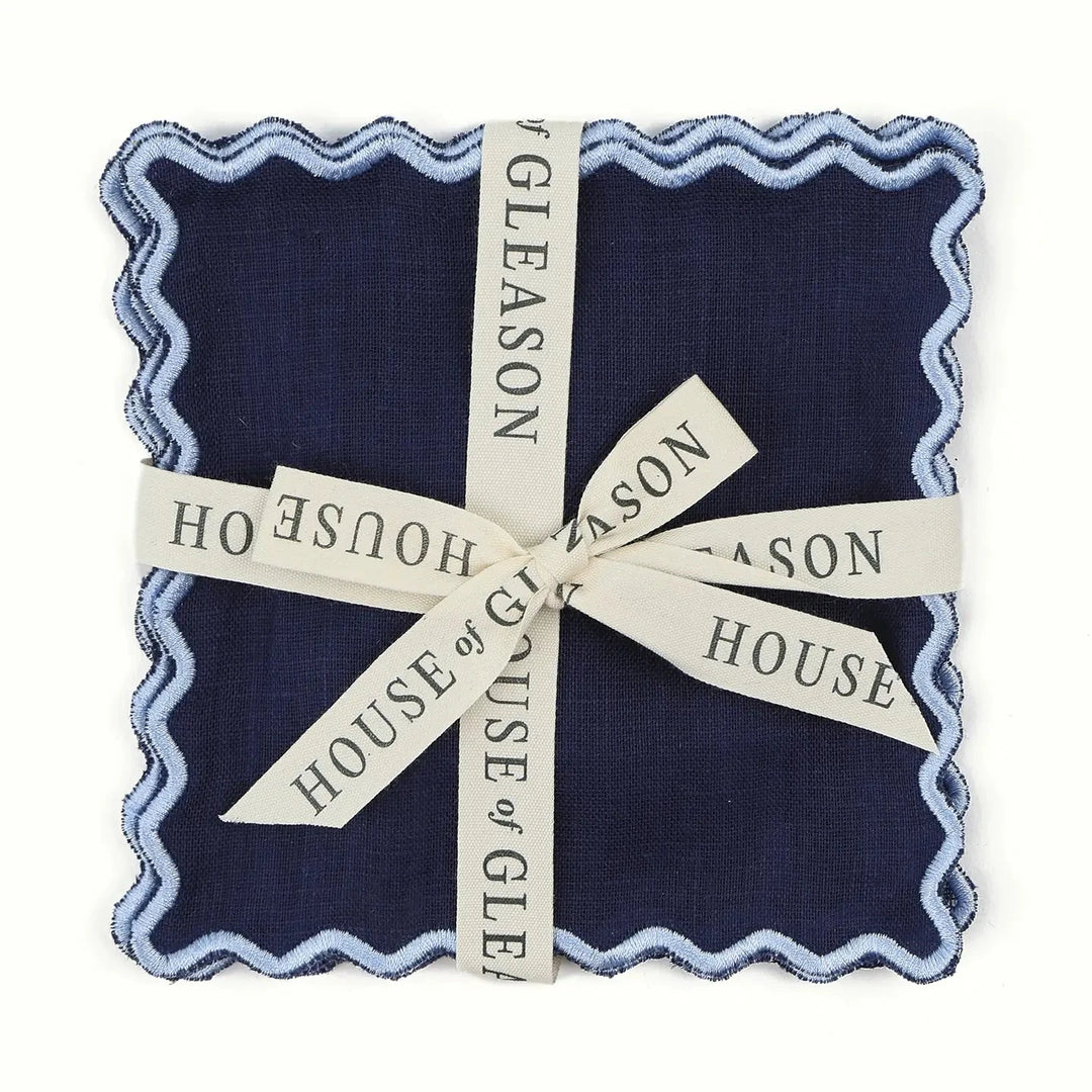 Scalloped Linen Cocktail Napkins - Set of 4 - Navy Cocktail Napkins House of Gleason 
