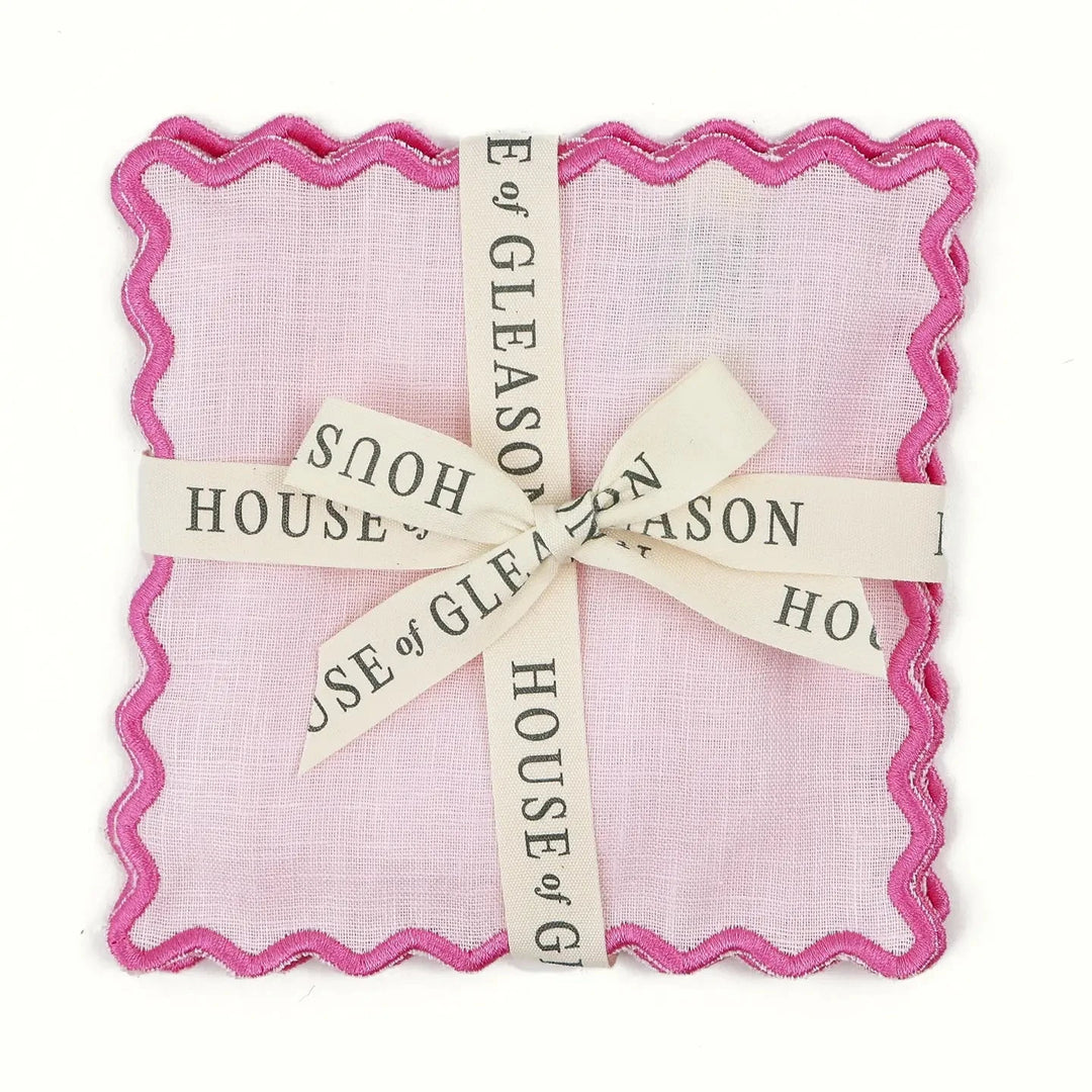 Scalloped Linen Cocktail Napkins - Set of 4 - Pink Cocktail Napkins House of Gleason 