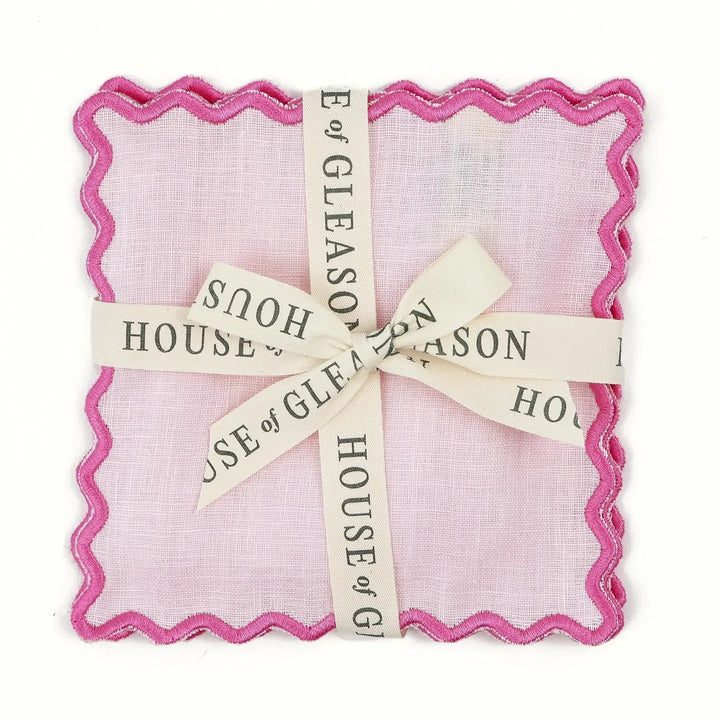 Scalloped Linen Cocktail Napkins - Set of 4 - Pink Cocktail Napkins House of Gleason 