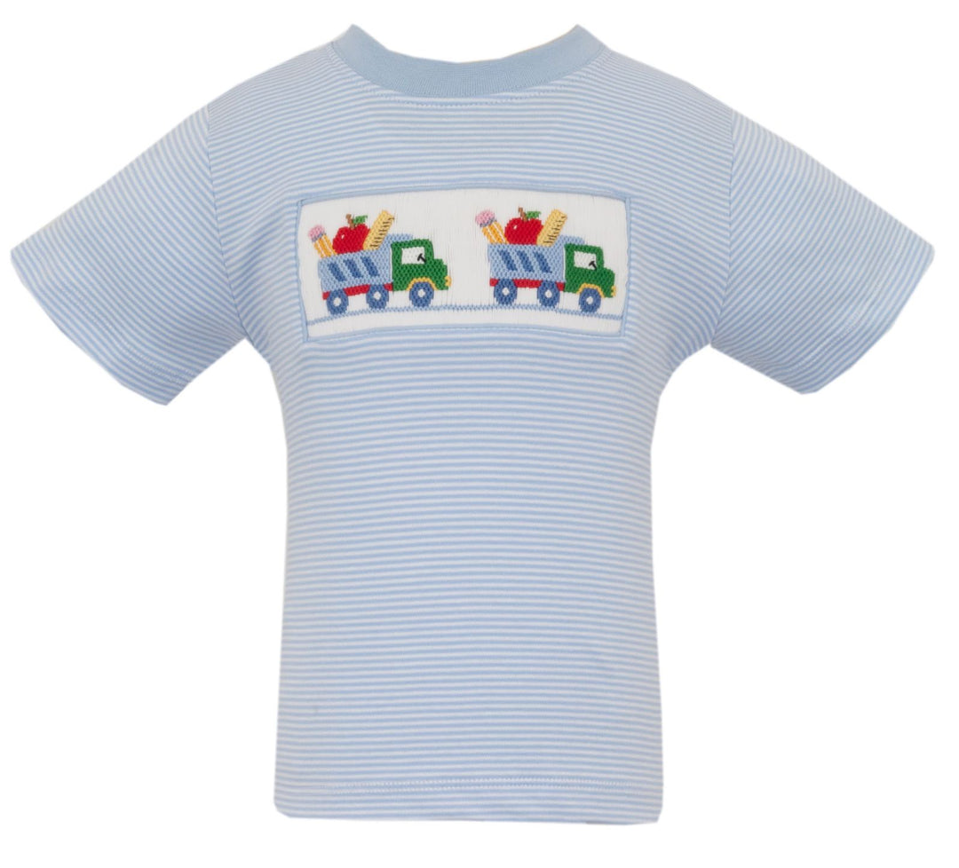 School Trucks Light Blue Stripe Smocked T-Shirt Boy Shirt Anavini 