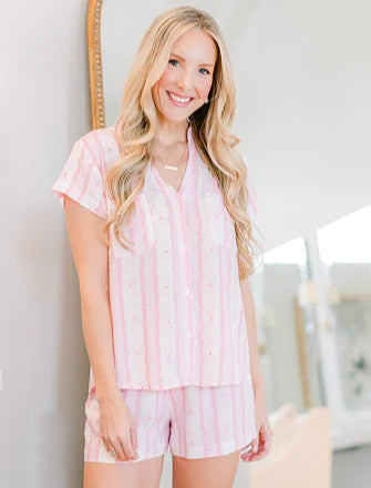 Serena Short Set - Stem Stripes Pink Womens Pajamas Mary Square 