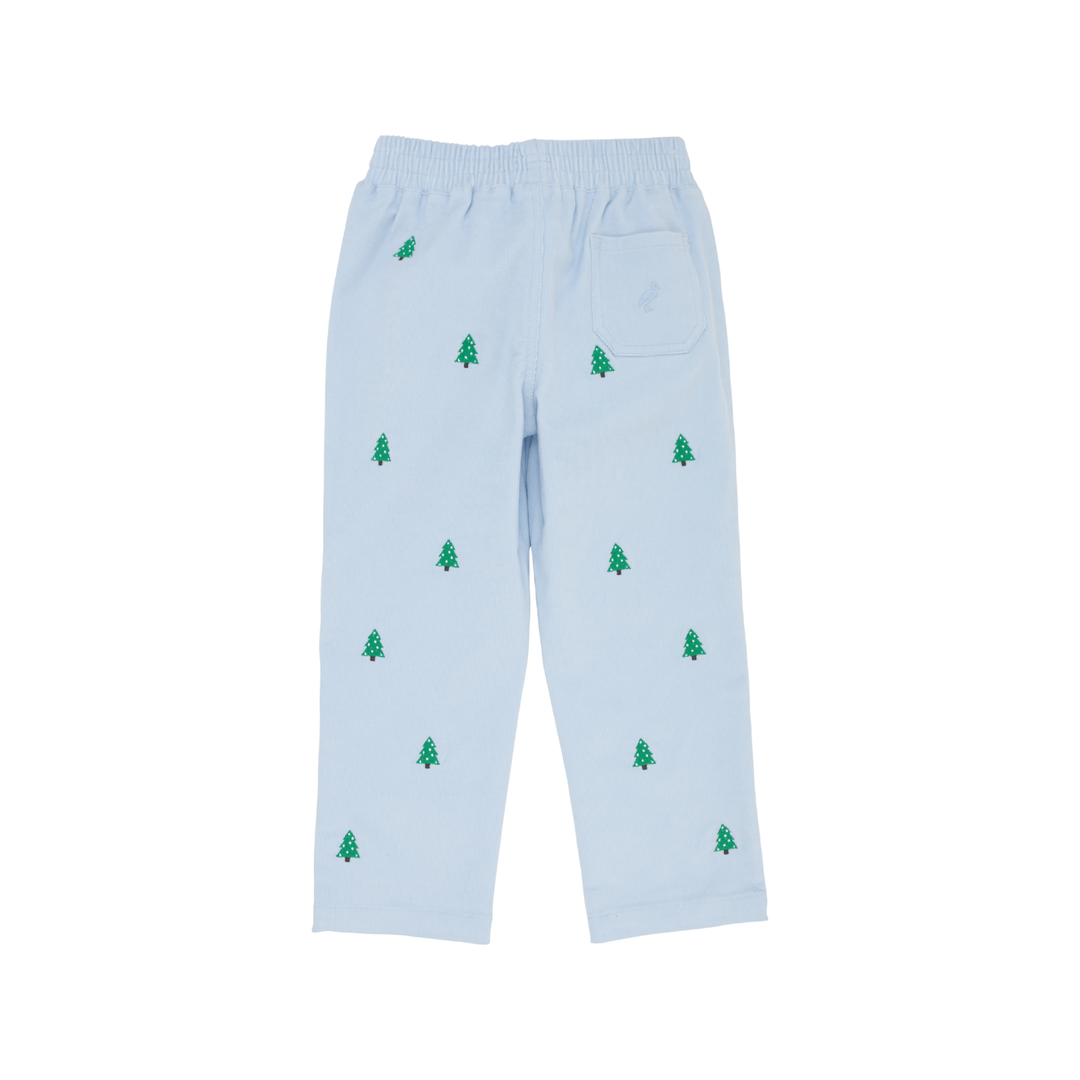 Light blue cropped pants with small green pine tree prints and a side pocket, shown flat against a white background.