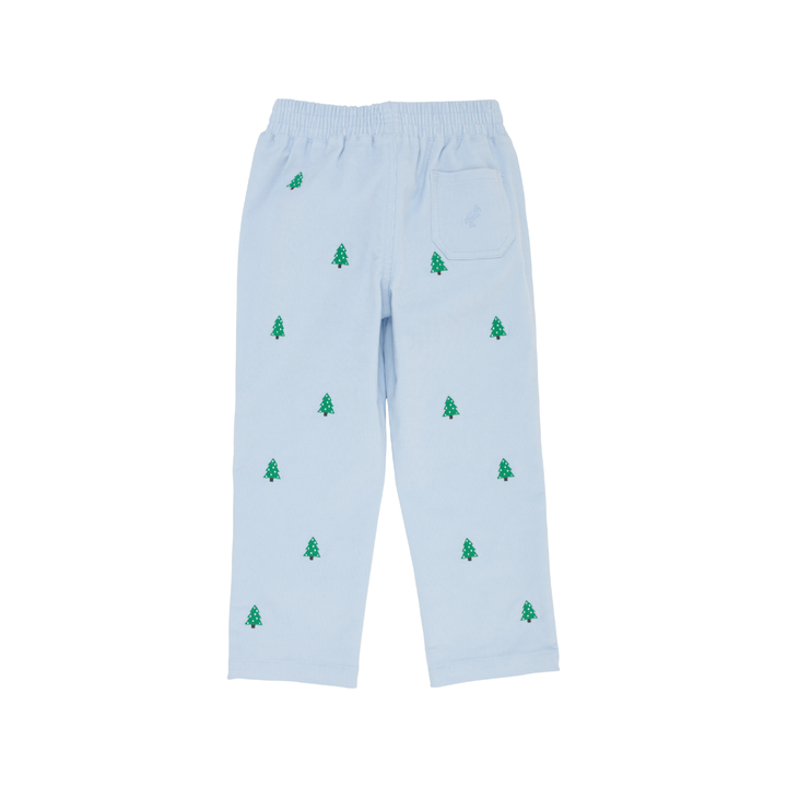Light blue cropped pants with small green pine tree prints and a side pocket, shown flat against a white background.