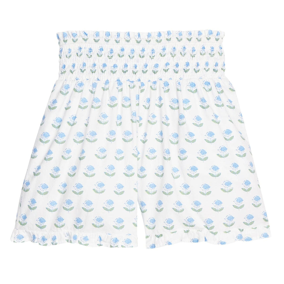 Shirred Ruffle Shorts - Blue Tulip Block Print Girl Shorts Bisby 