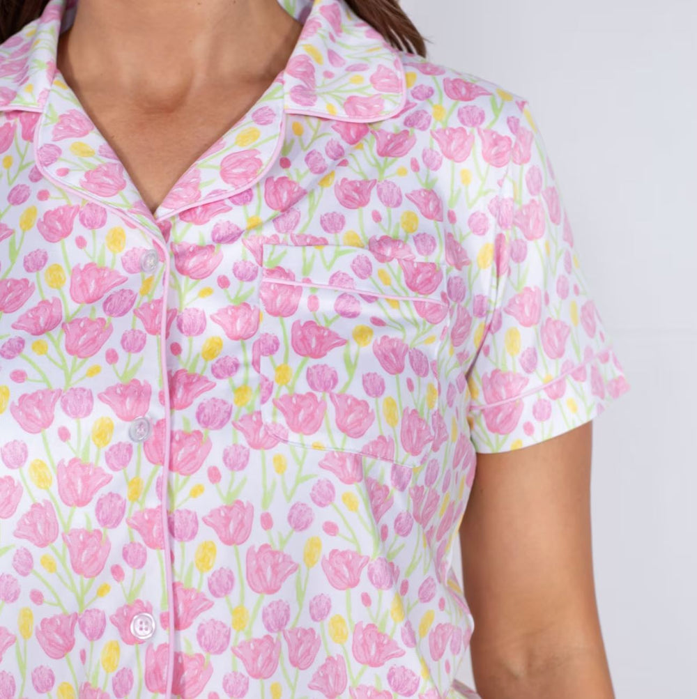 Short Sleeve Button Up Sleep Shirt - Tulip Fields Womens Pajamas The Royal Standard 