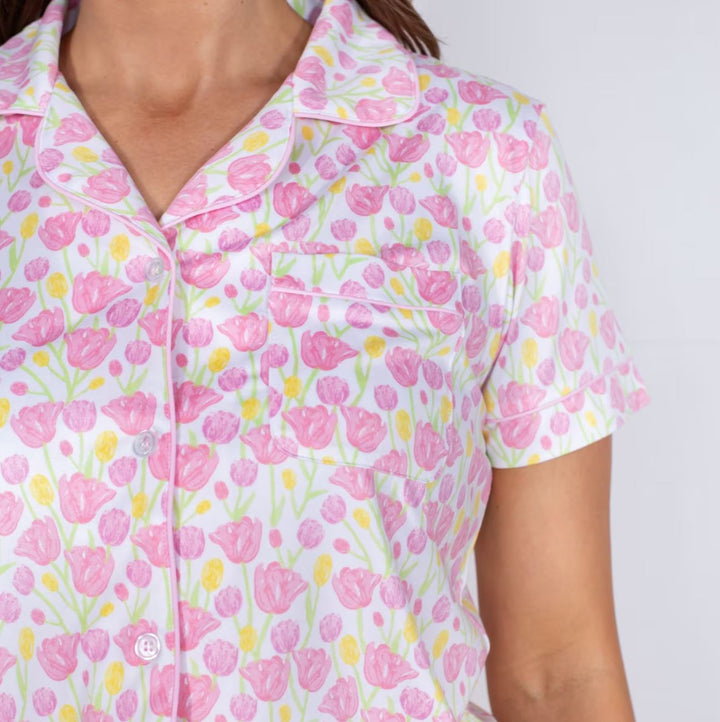 Short Sleeve Button Up Sleep Shirt - Tulip Fields Womens Pajamas The Royal Standard 