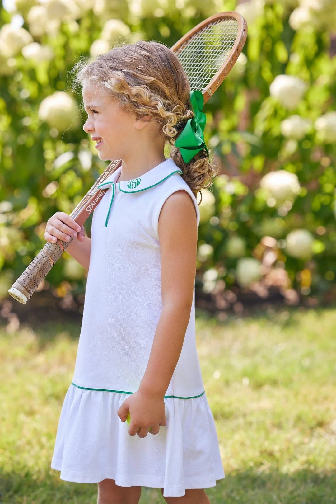 Sleeveless Polo Dress - White with Green Girl Dress Little English 