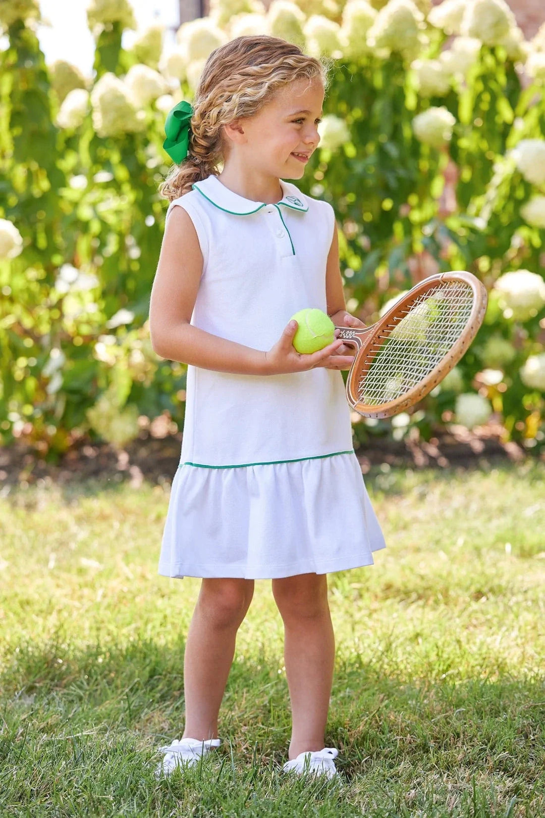 Sleeveless Polo Dress - White with Green Girl Dress Little English 