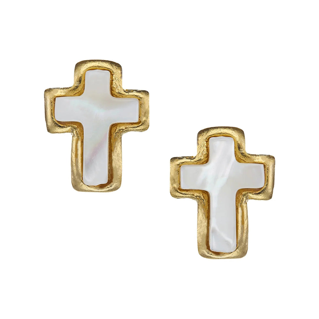 Small Mother of Pearl Cross Stud Earrings Womens Earrings Susan Shaw 