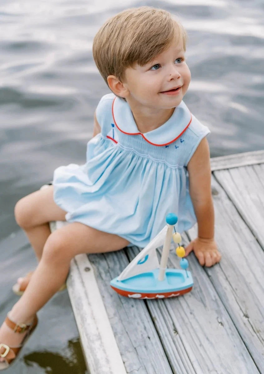 Smocked Beckett Bubble - Brentwood Blue Sailboat Boy Bubble Lullaby Set 