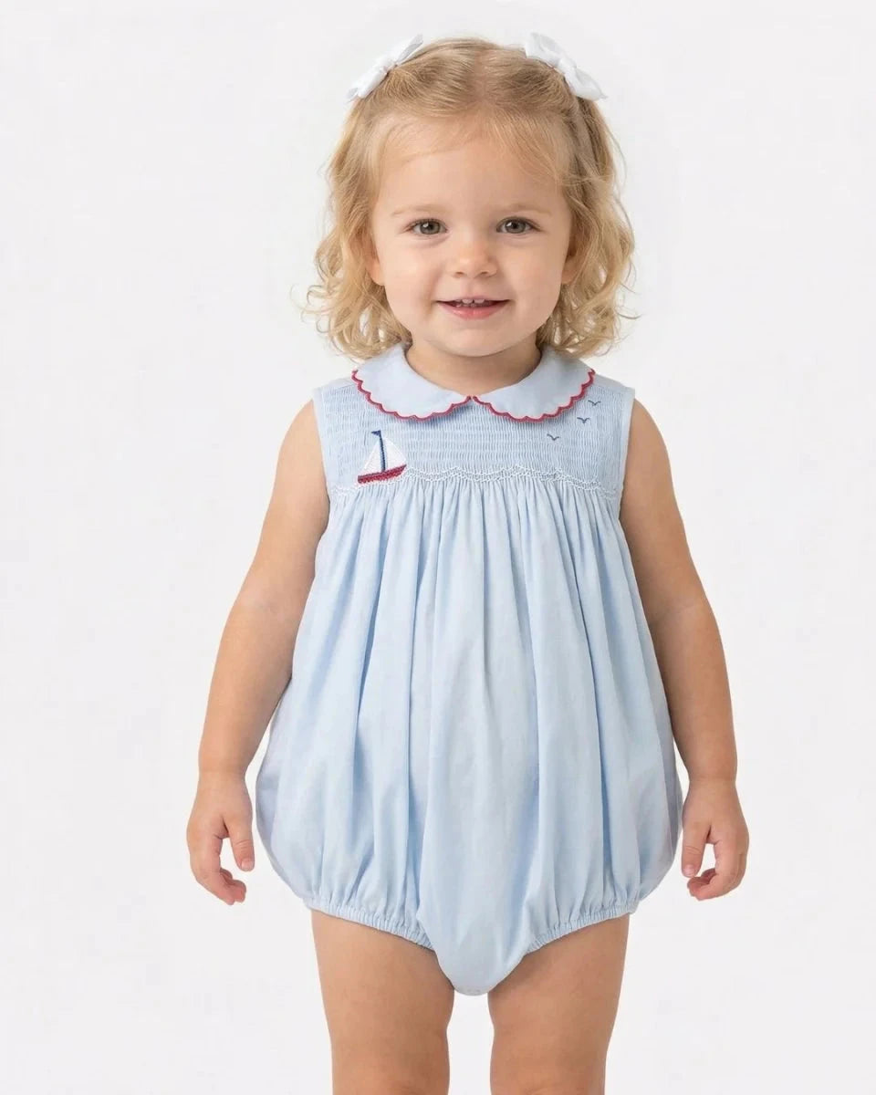 Smocked Ella Bubble - Brentwood Blue Sailboat Girl Bubble Lullaby Set 