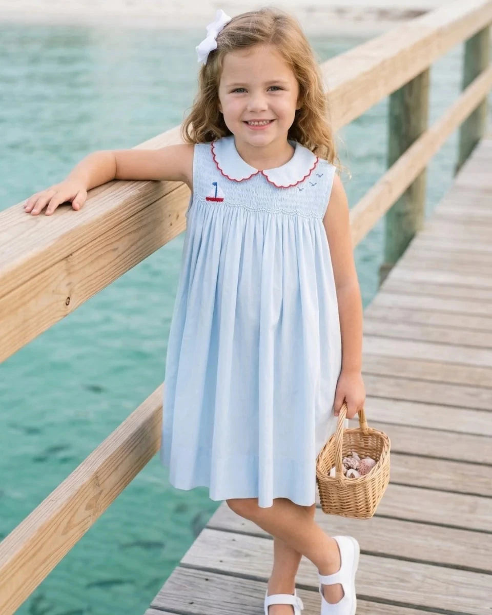 Smocked Ella Dress - Brentwood Blue Sailboat Girl Dress Lullaby Set 