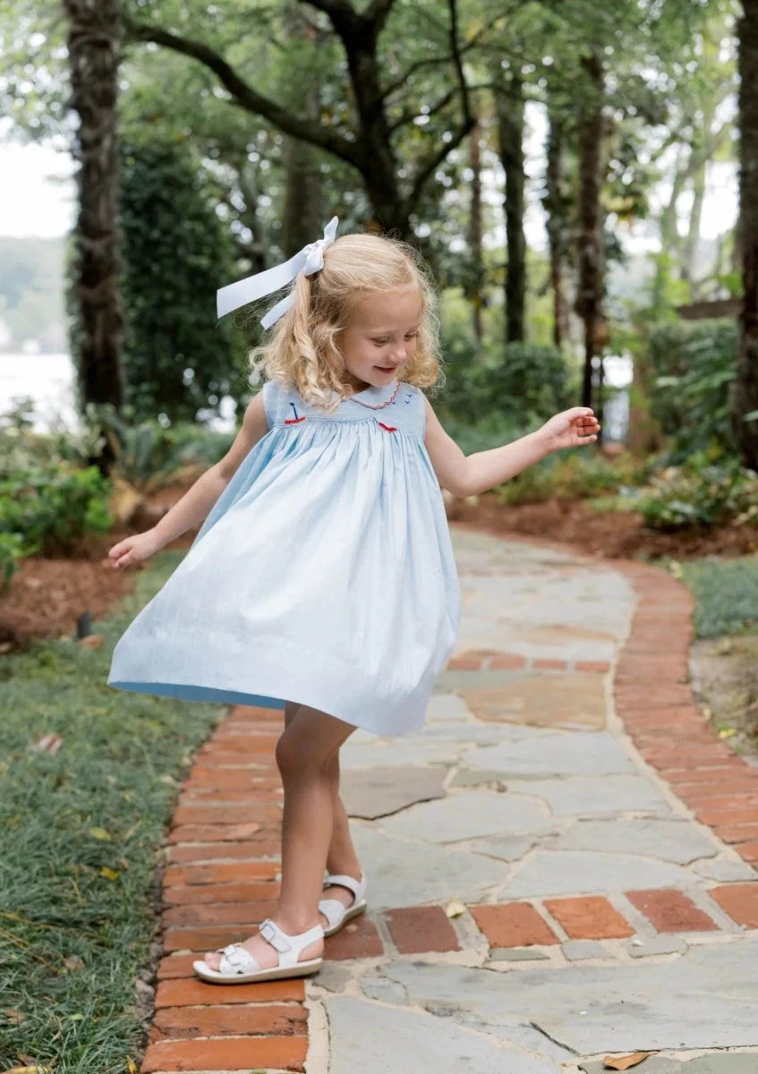 Smocked Ella Dress - Brentwood Blue Sailboat Girl Dress Lullaby Set 