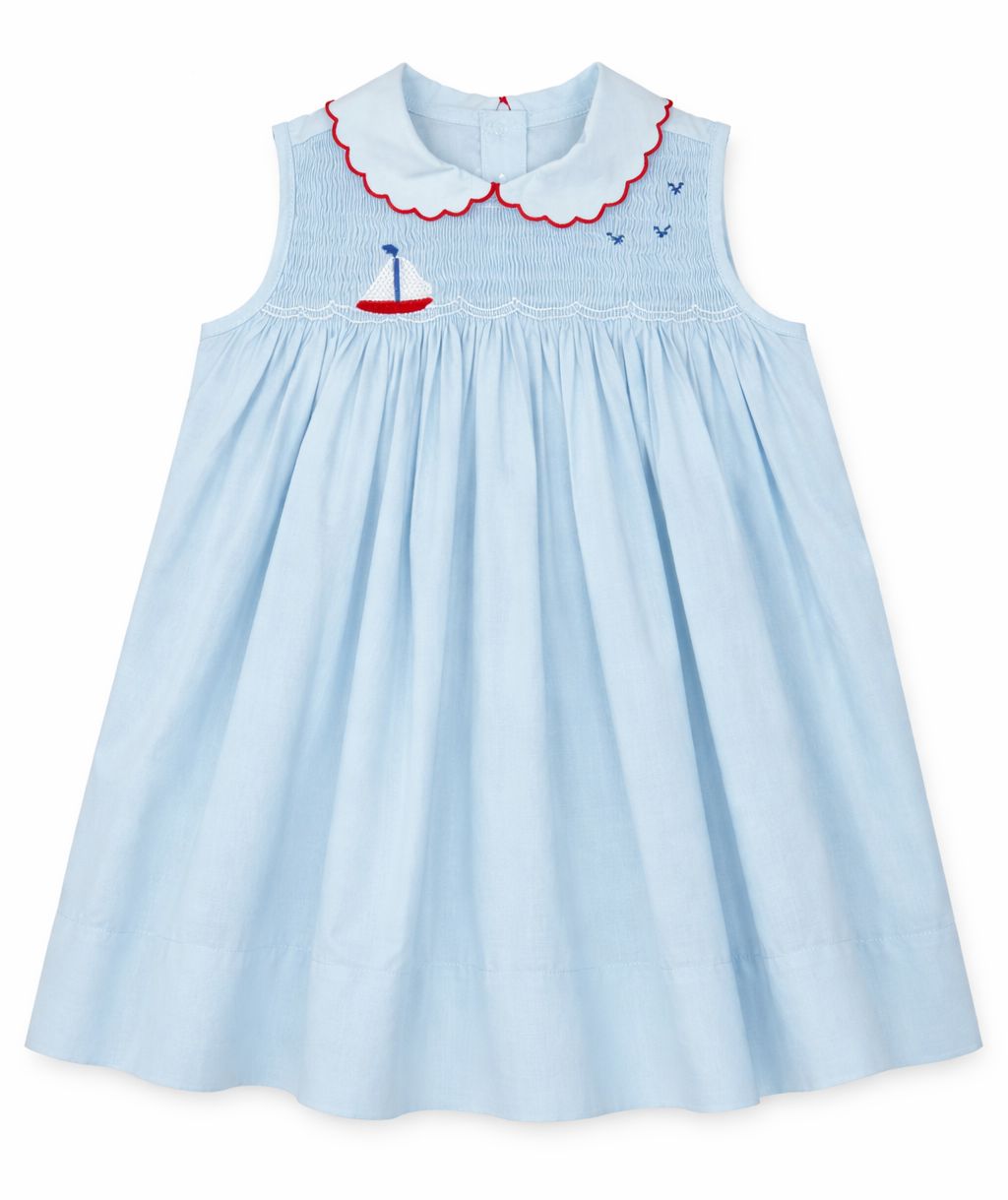 Smocked Ella Dress - Brentwood Blue Sailboat Girl Dress Lullaby Set 