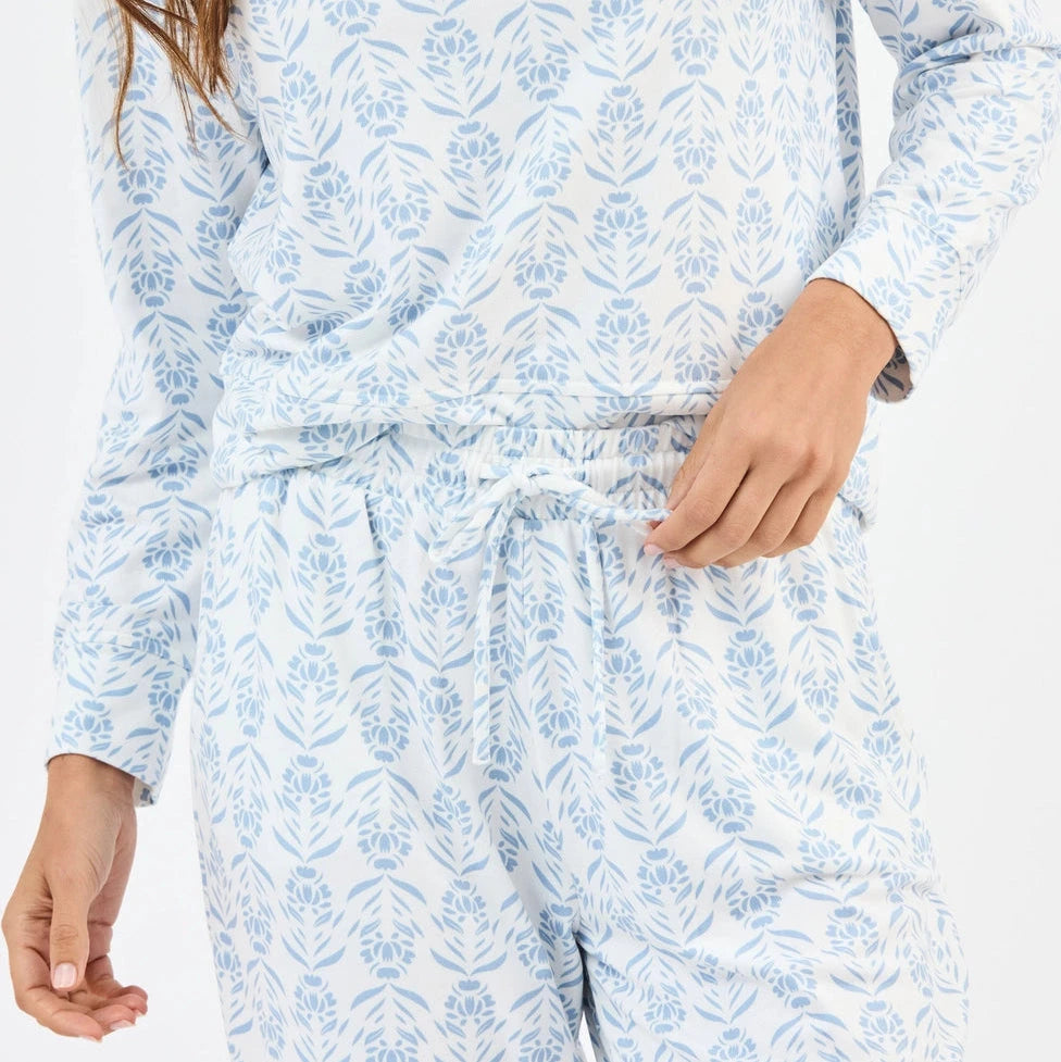 Sophie Jogger Set - Palm Damask Light Blue Womens Pajamas Mary Square 