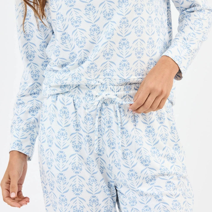 Sophie Jogger Set - Palm Damask Light Blue Womens Pajamas Mary Square 