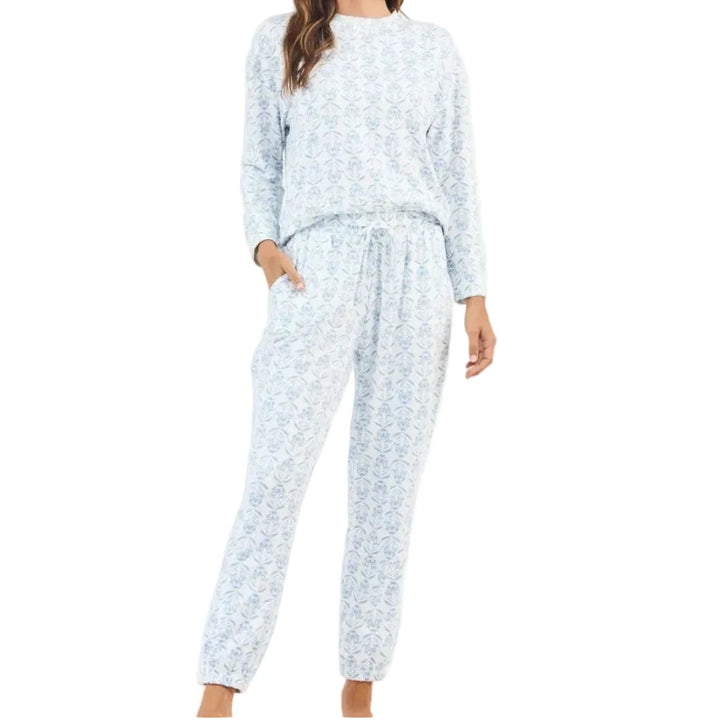 Sophie Jogger Set - Palm Damask Light Blue Womens Pajamas Mary Square 