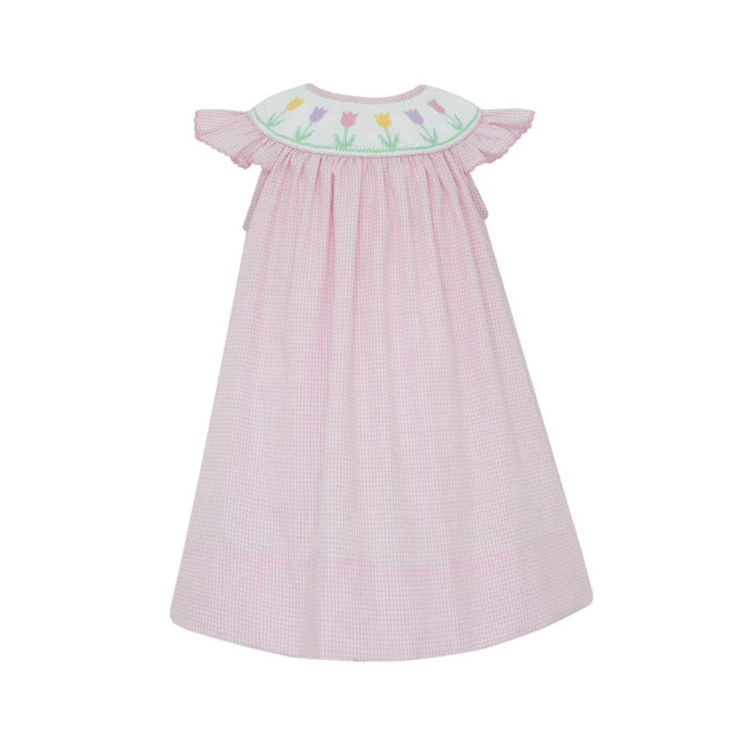 Spring Tulips Pink Gingham Bishop Dress Girl Dress Petit Bebe 