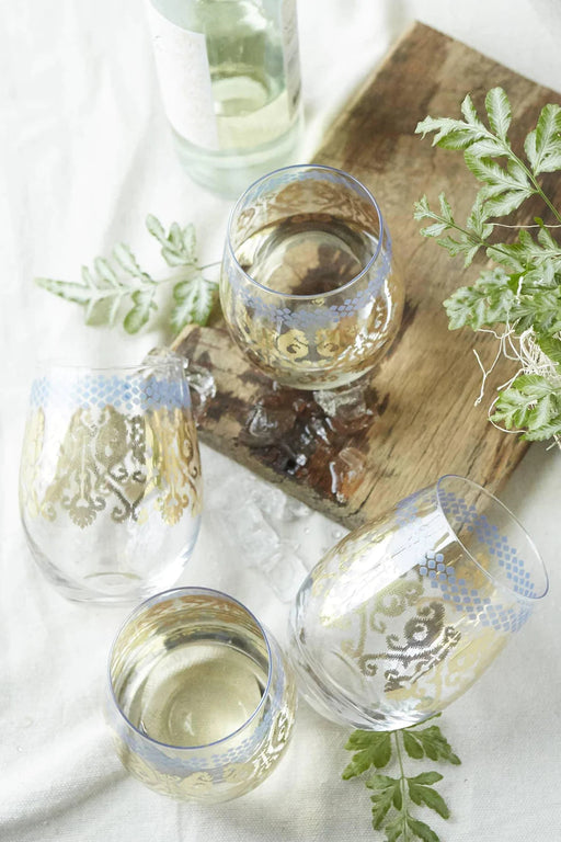 Stemless Wine Glasses - Golden Ikat Stemless Wine Glass Patina Vie 