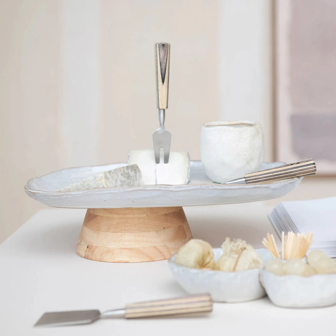 Stoneware Footed Pedestal with Acacia Wood Base Cheese Board Creative Co-Op - Bloomingville 
