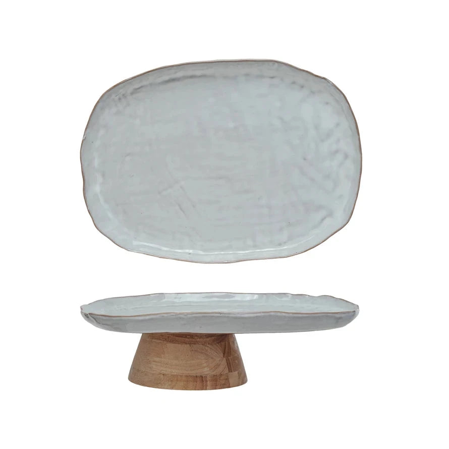 Stoneware Footed Pedestal with Acacia Wood Base Cheese Board Creative Co-Op - Bloomingville 
