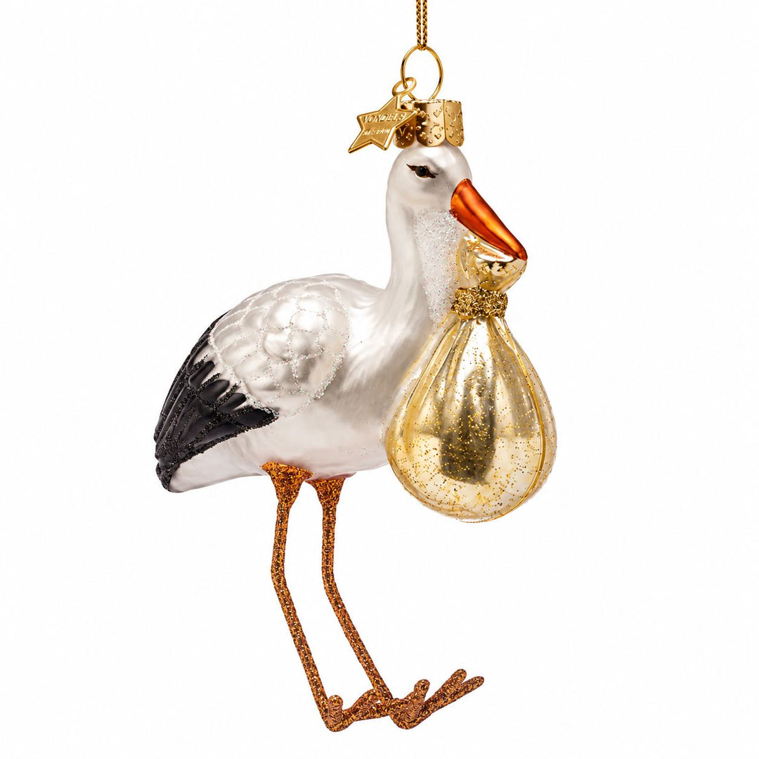 Stork with Baby Glass Ornament - Gold Christmas Ornament Vondels 