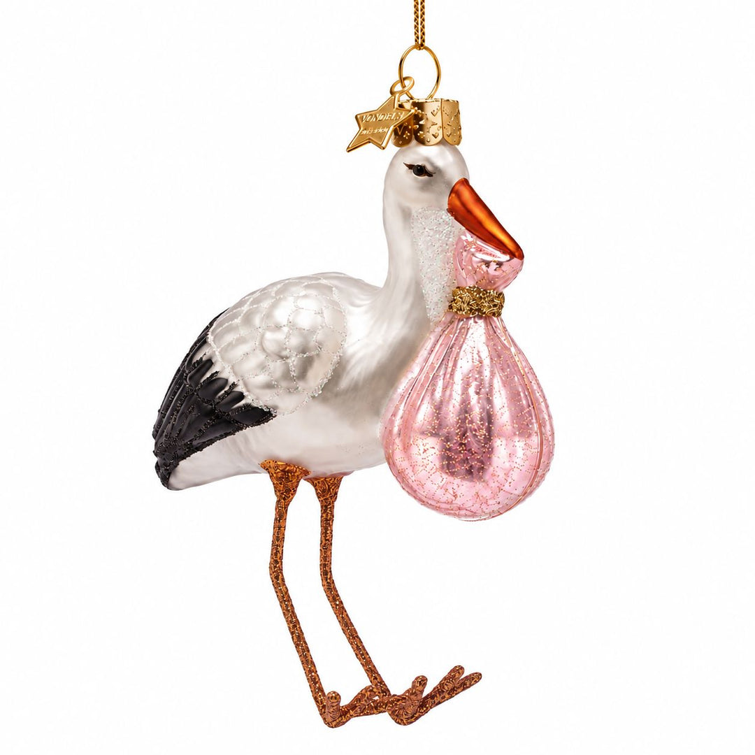 Stork with Baby Glass Ornament - Pink Christmas Ornament Vondels 