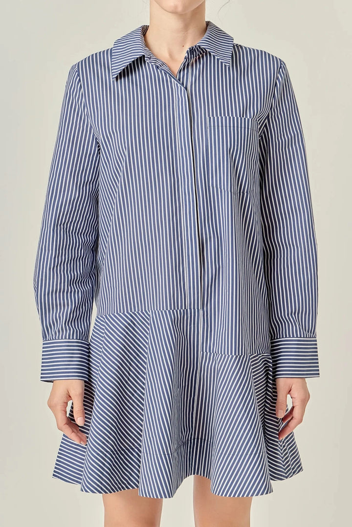 Stripe Collar Flared Skirt Dress - Navy Womens Dress English Factory 
