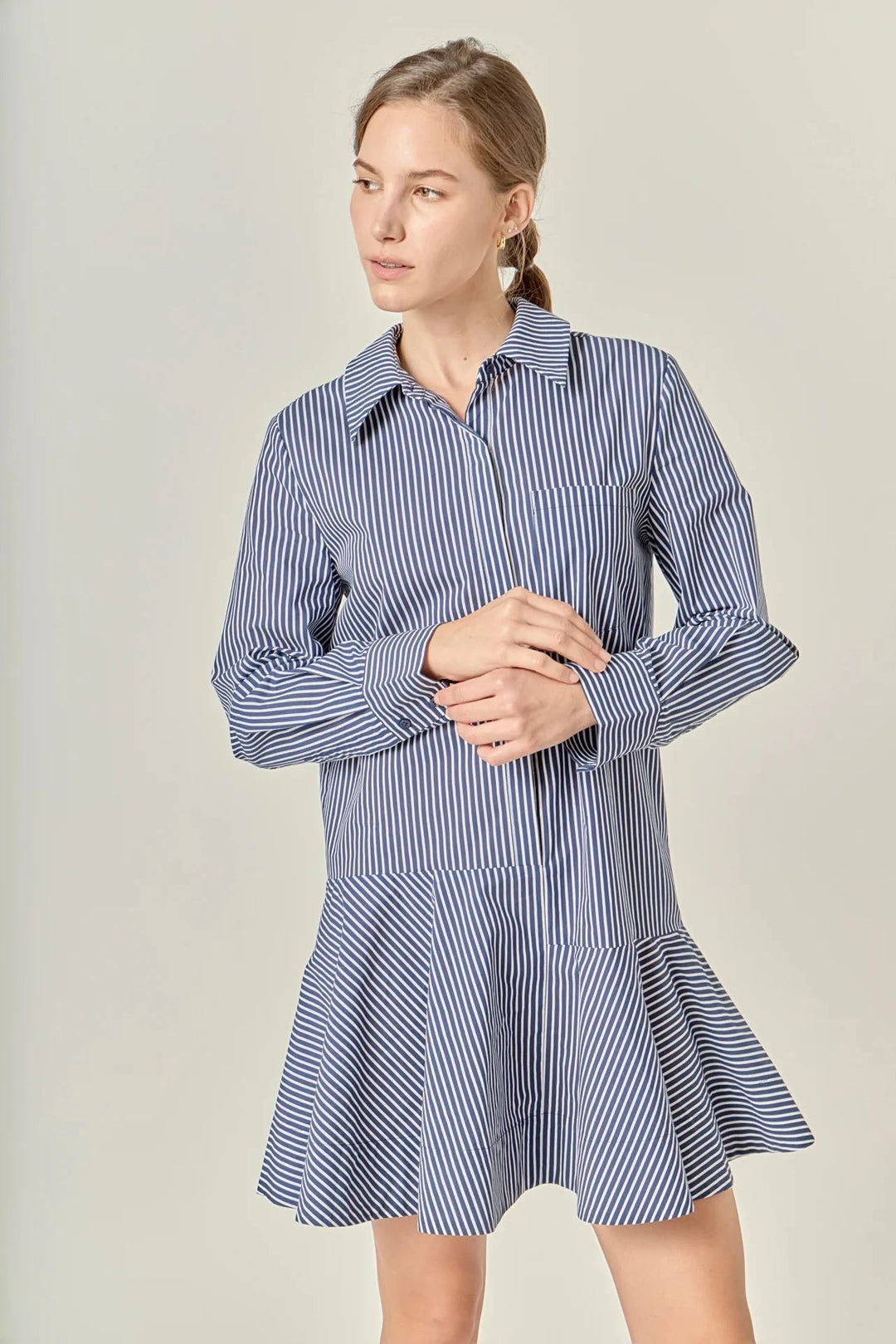 Stripe Collar Flared Skirt Dress - Navy Womens Dress English Factory 