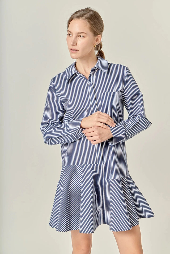 Stripe Collar Flared Skirt Dress - Navy Womens Dress English Factory 
