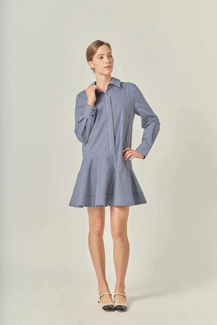 Stripe Collar Flared Skirt Dress - Navy Womens Dress English Factory 