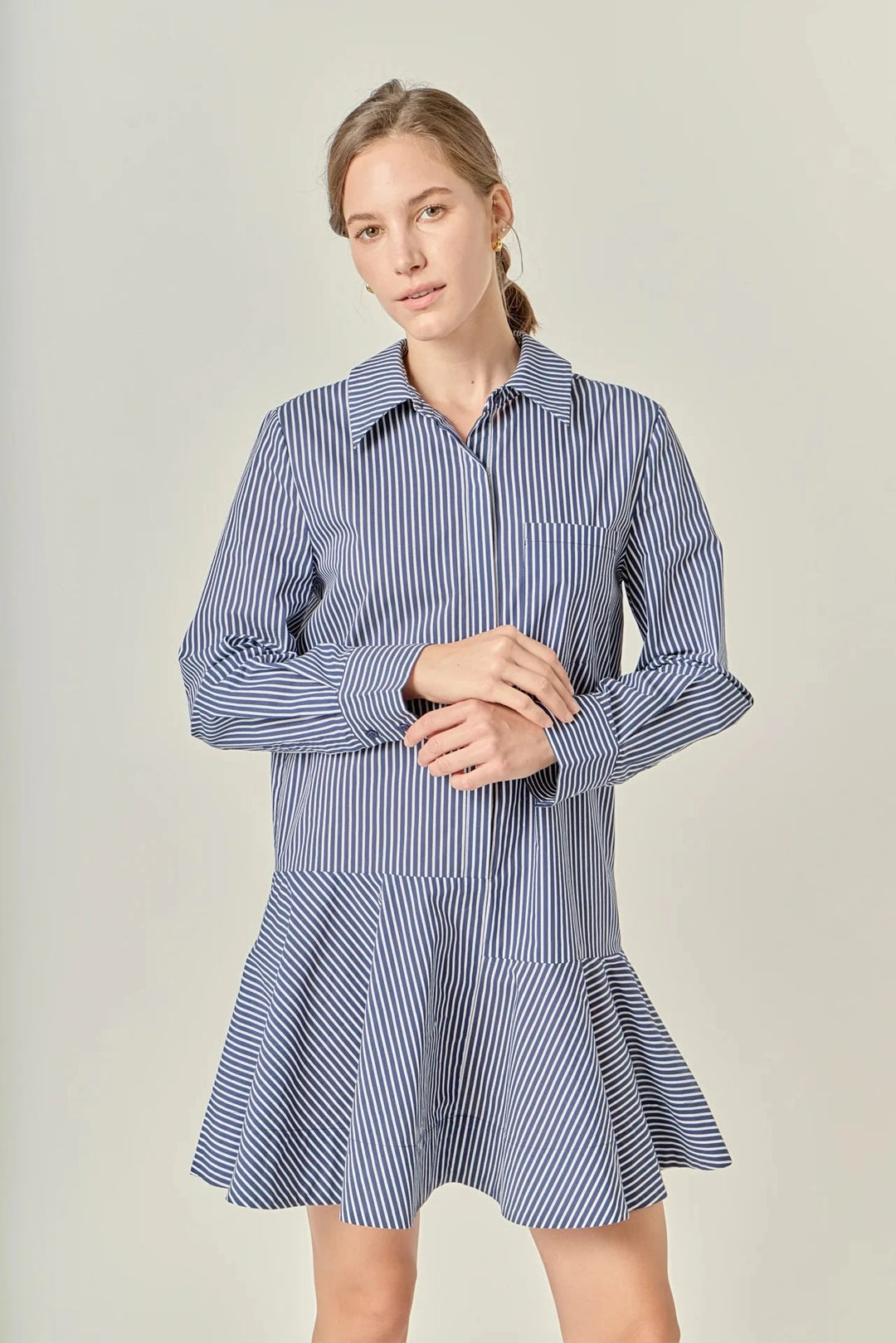 Stripe Collar Flared Skirt Dress - Navy Womens Dress English Factory 