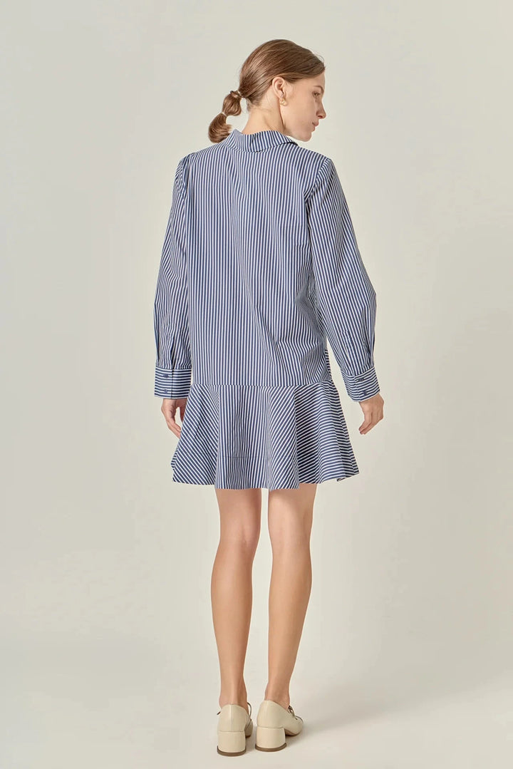 Stripe Collar Flared Skirt Dress - Navy Womens Dress English Factory 