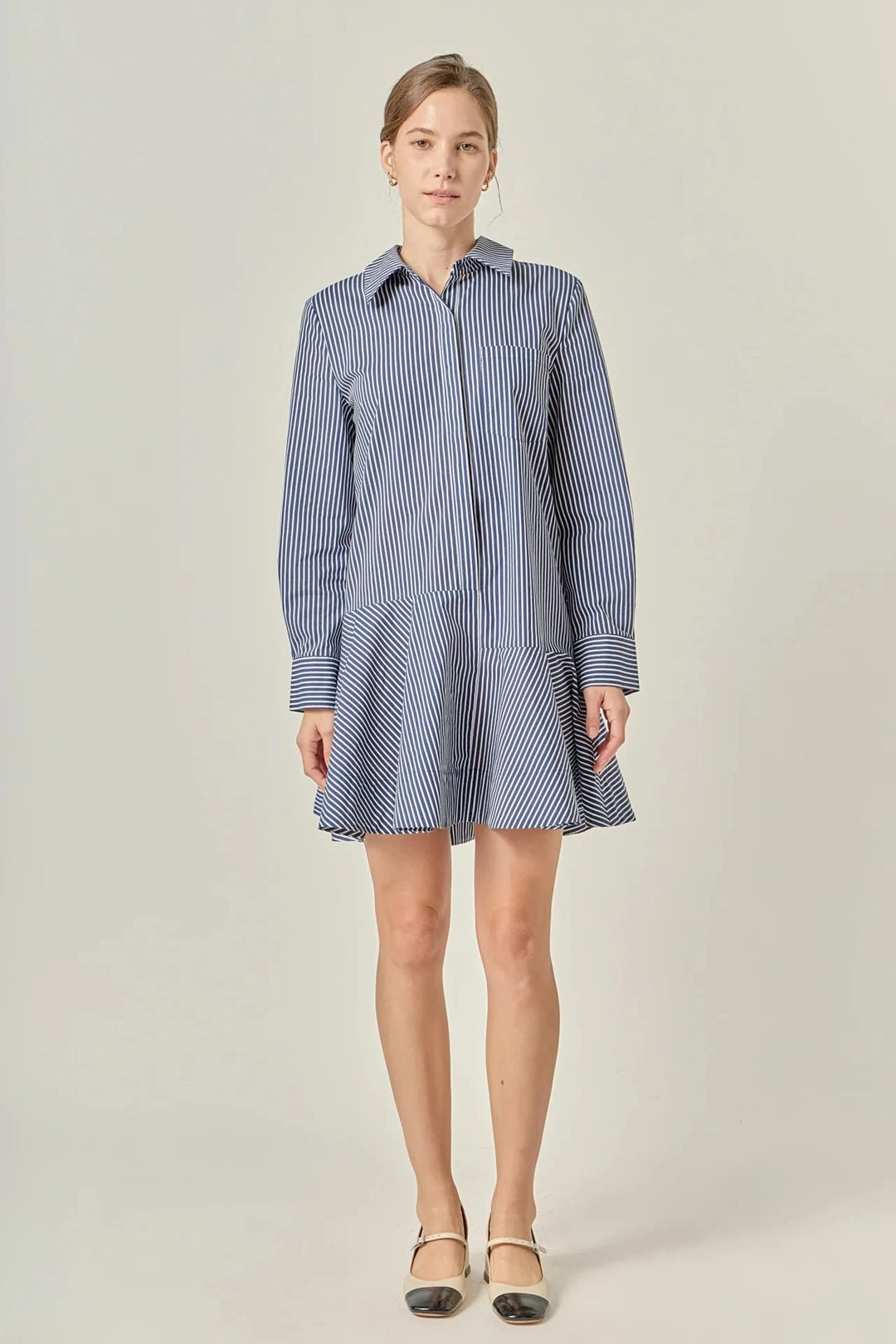 Stripe Collar Flared Skirt Dress - Navy Womens Dress English Factory 