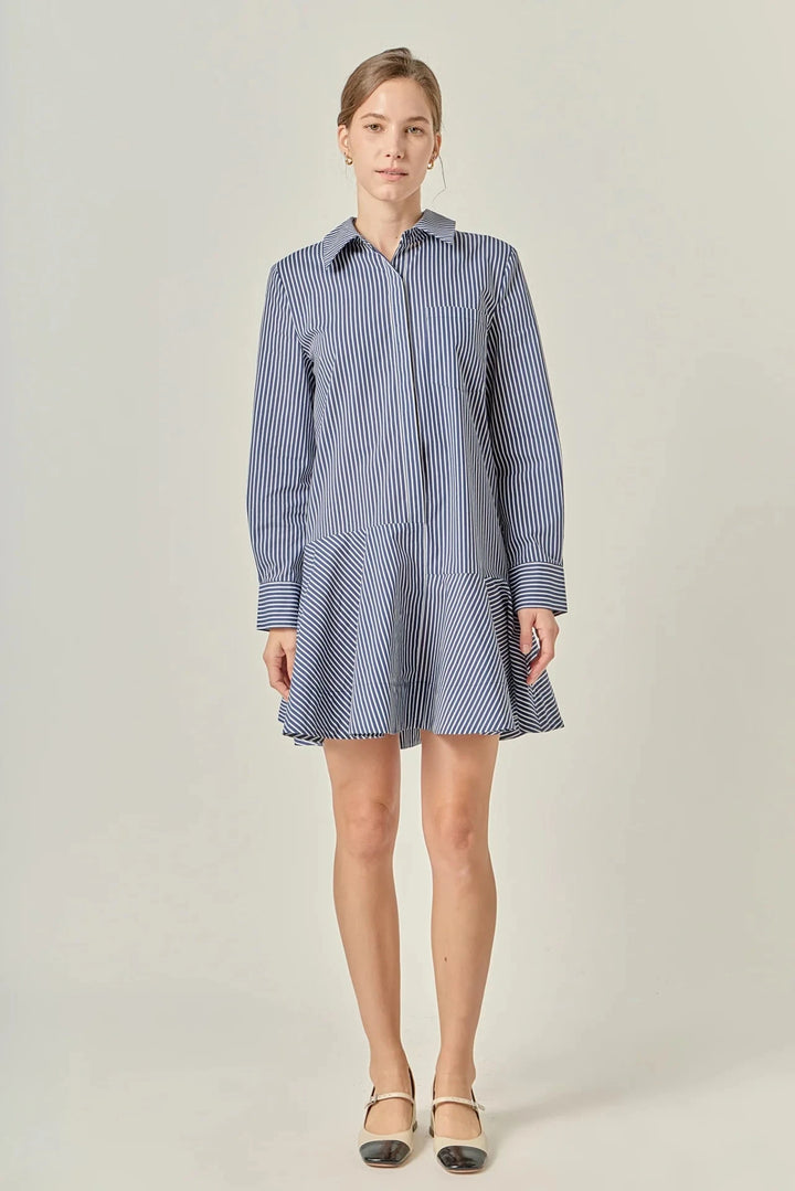 Stripe Collar Flared Skirt Dress - Navy Womens Dress English Factory 