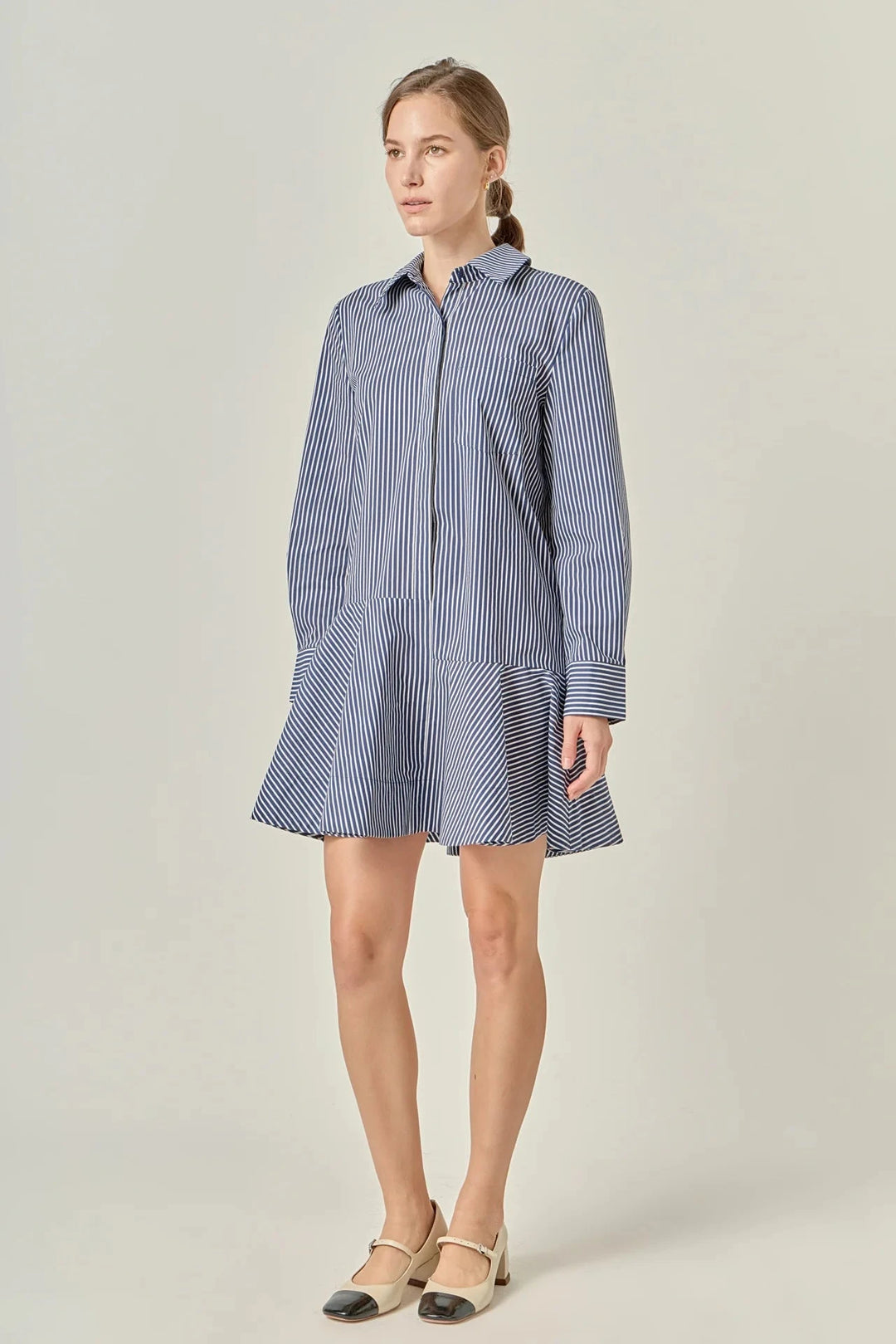 Stripe Collar Flared Skirt Dress - Navy Womens Dress English Factory 