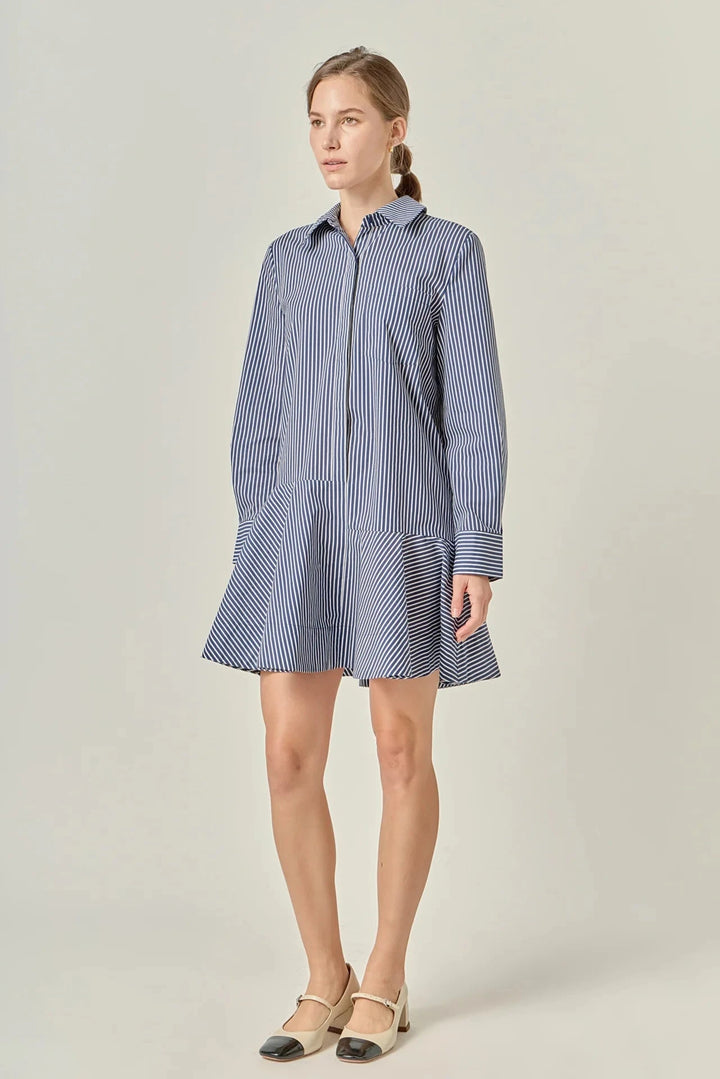 Stripe Collar Flared Skirt Dress - Navy Womens Dress English Factory 
