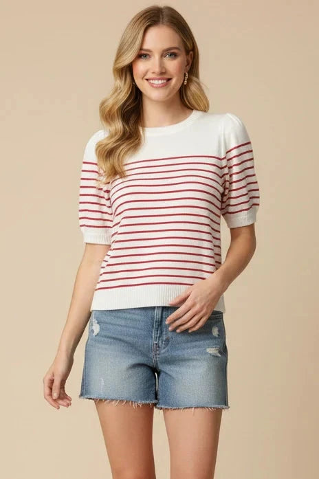 Striped Short Sleeve Sweater - Red Womens Shirt Pinch 
