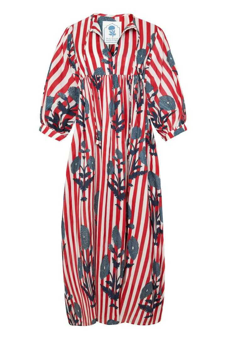 Taj Maxi Dress - Navy Flower on Red Stripe Womens Dress Maison Marigold 