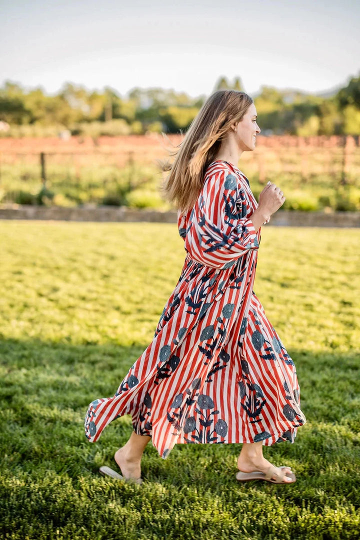 Taj Maxi Dress - Navy Flower on Red Stripe Womens Dress Maison Marigold 