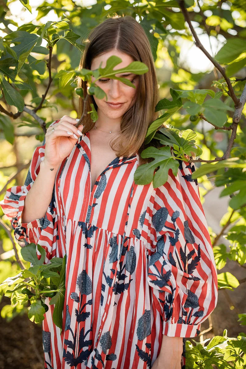 Taj Maxi Dress - Navy Flower on Red Stripe Womens Dress Maison Marigold 