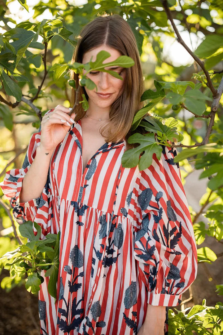 Taj Maxi Dress - Navy Flower on Red Stripe Womens Dress Maison Marigold 